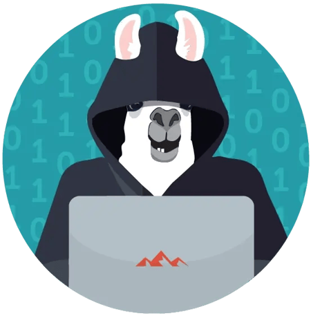 Icon of llama cyber hacker wearing dark hoodie using laptop