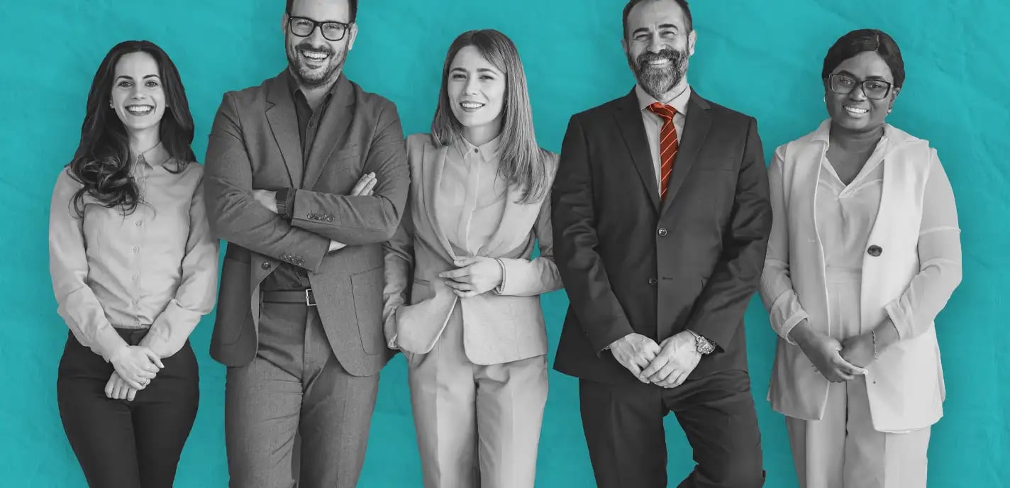 Group of 4 attorneys standing together and smiling over teal background